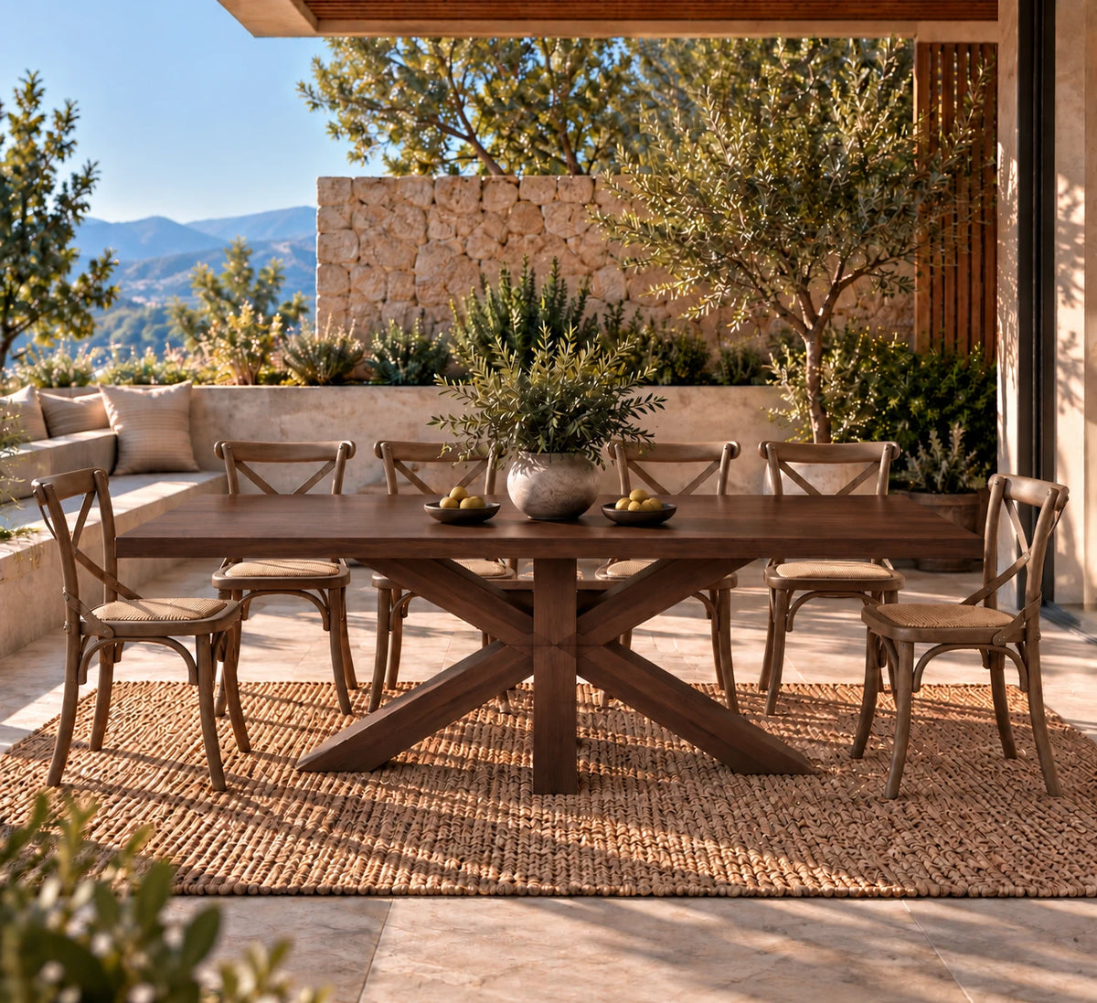Comedor de terraza María en madera lenga tono chocolate con sillas Cruzeta café – imagen referencial
