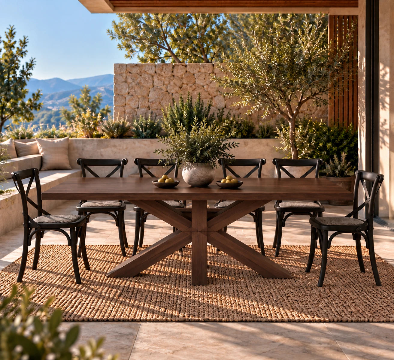 Comedor de terraza María en madera lenga tono chocolate con sillas Cruzeta negras – imagen referencial