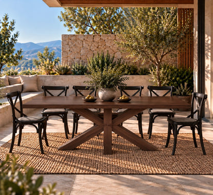 Comedor de terraza María en madera lenga tono chocolate con sillas Cruzeta negras – imagen referencial