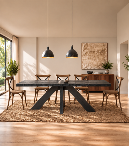 Juego de Comedor mesa Francia carbonizada  con Sillas Cruzeta café a Medida