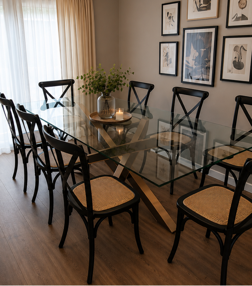 “Mesa de comedor Da vinci cubierta de vidrio con base de fierro negro y madera y sillas modernas conjunto de comedor a medida en Chile”