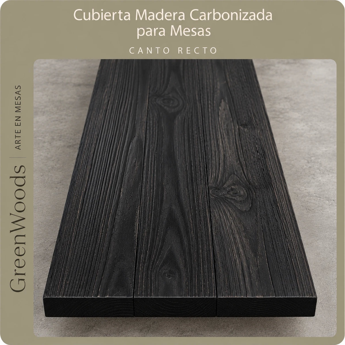 Cubierta de madera carbonizada con canto recto en tono Negro Profundo