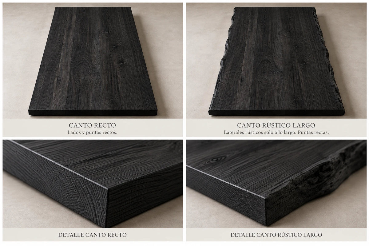 Cubierta de madera carbonizada: canto recto (lados y puntas rectas) y canto rústico largo (laterales rústicos solo a lo largo, puntas rectas), con detalle de cada borde