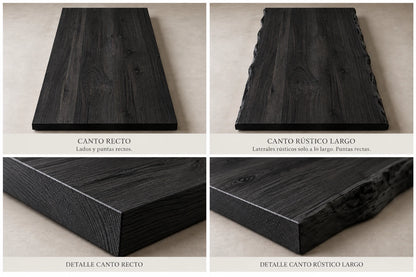 Cubierta de madera carbonizada: canto recto (lados y puntas rectas) y canto rústico largo (laterales rústicos solo a lo largo, puntas rectas), con detalle de cada borde