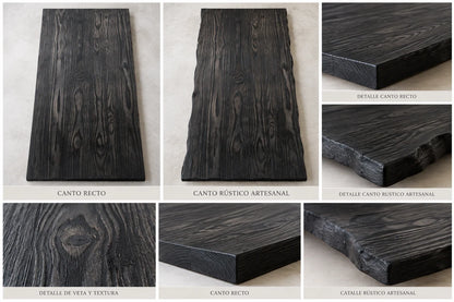Cubierta de madera carbonizada: canto recto y canto rústico artesanal, con detalles de veta y textura