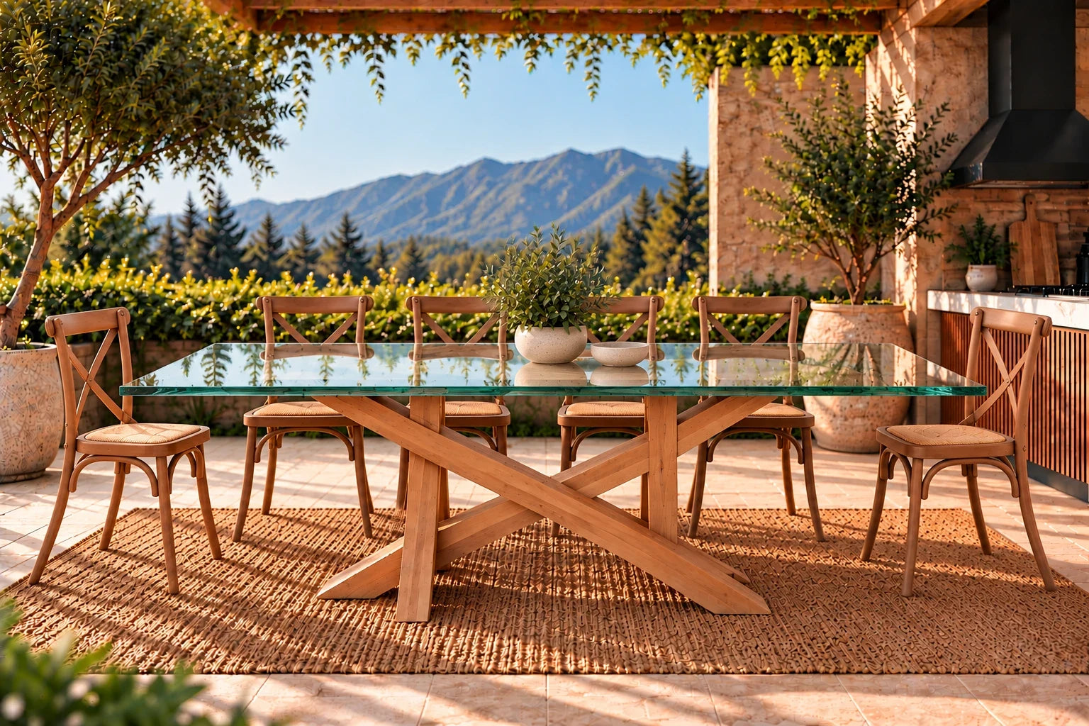 Comedor de terraza Da Vinci con cubierta de vidrio, base de lenga y 10 sillas Cruzeta café – imagen referencial