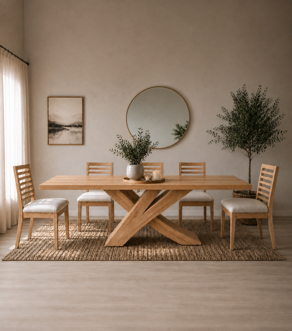Juego de comedor Picasso de 220 x 100 cm con cubierta de madera lenga y Sillas Antonia