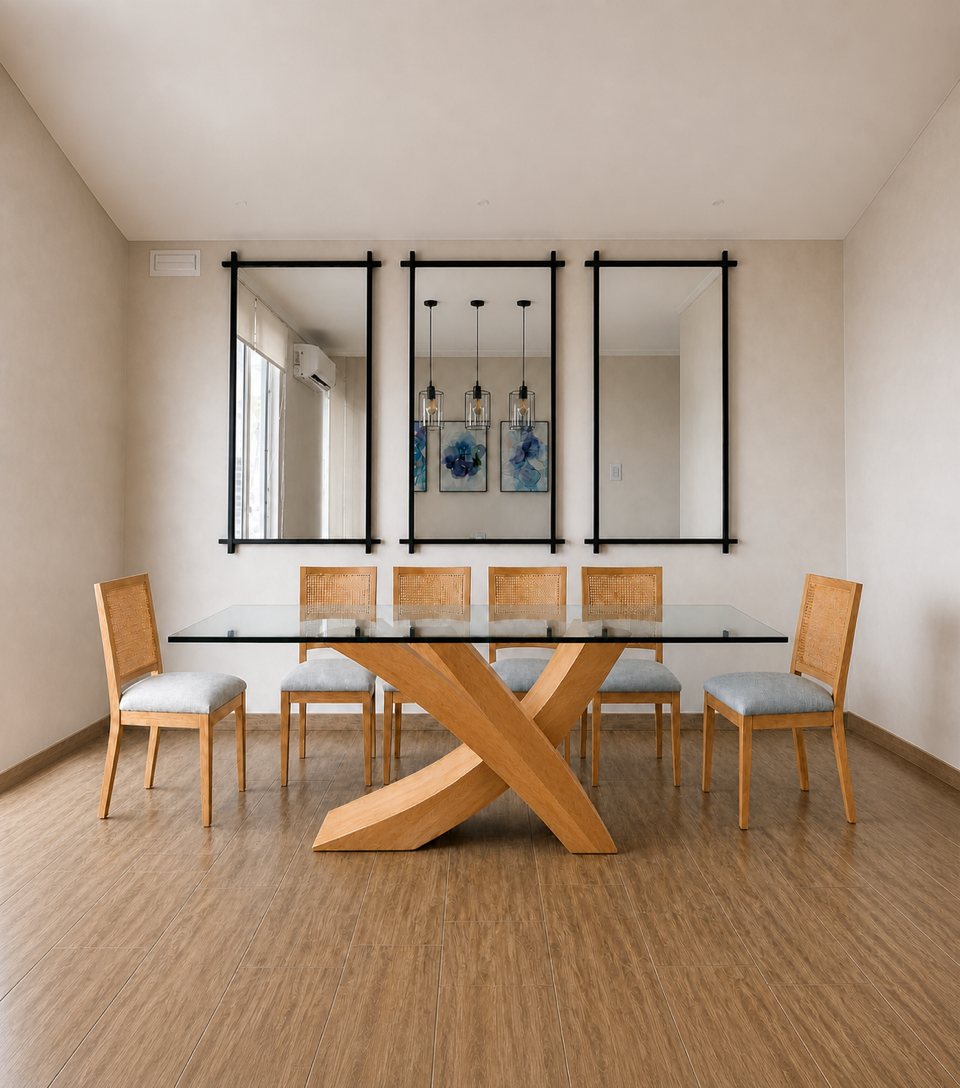 Juego de comedor Picasso tono natural con 6 sillas Alma en madera lenga | Greenwoods