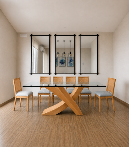 Juego de comedor Picasso tono natural con 6 sillas Alma en madera lenga | Greenwoods