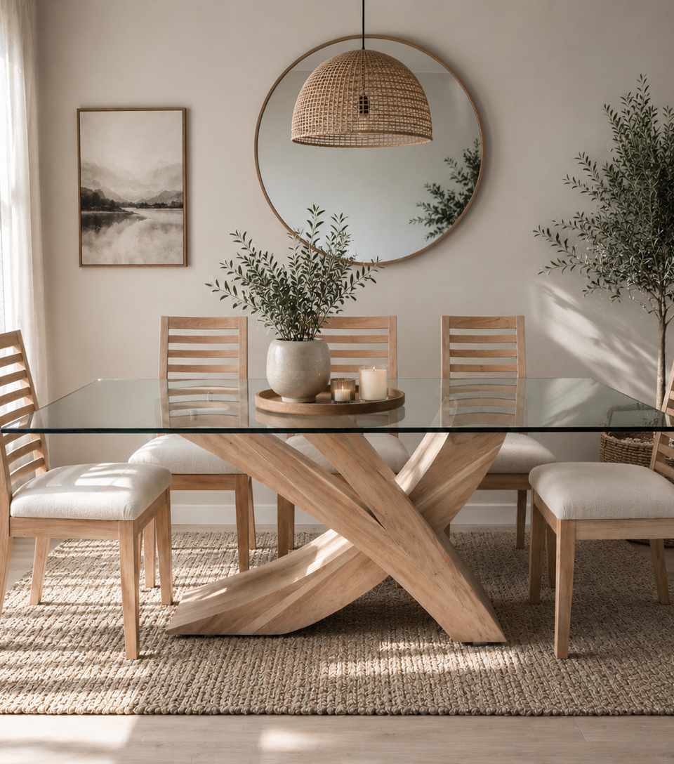 Juego de Comedor Picasso con vidrio y Sillas Antonia en madera lenga