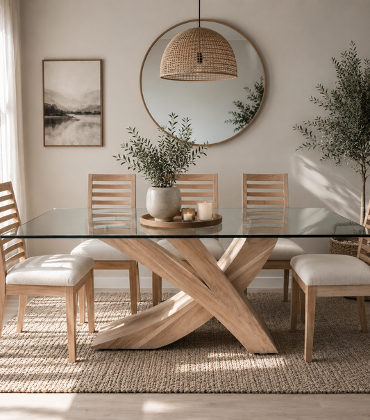Juego de Comedor Picasso con vidrio y Sillas Antonia en madera lenga