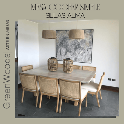 Juego de mesa de comedor Cooper Simple en madera lenga y silla Alma en madera Lenga - banquetas | Greenwoods Chile