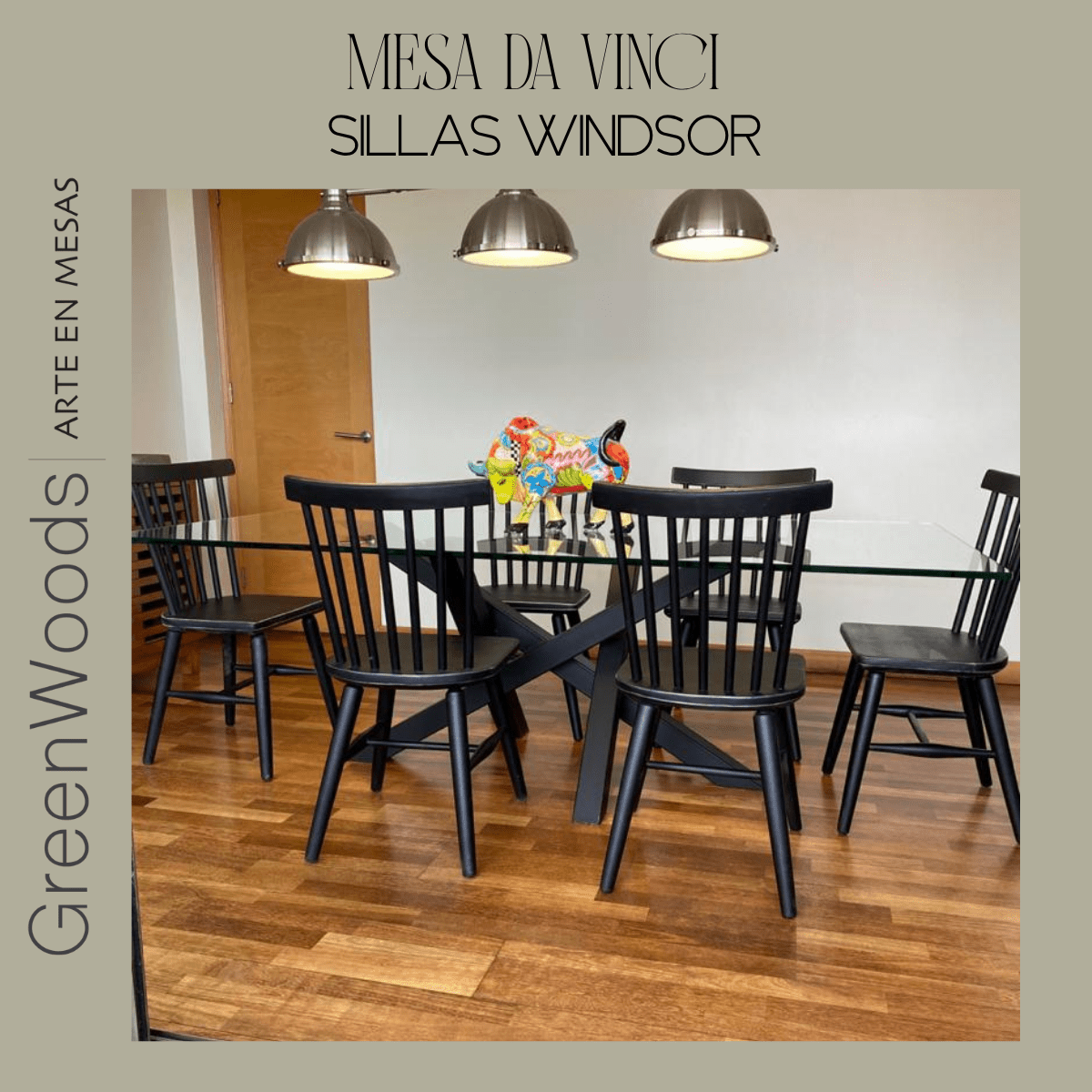 Juego de mesa de comedor Industrial y Vidrio Da Vinci y silla Windsor - banquetas | Greenwoods Chile