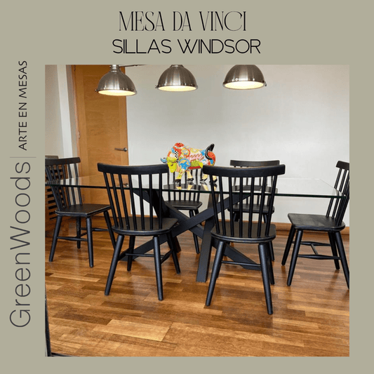 Juego de comedor industrial en vidrio Da Vinci con sillas Windsor – Greenwoods Chile