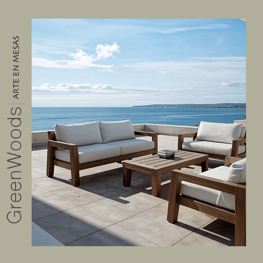 Sillón Valencia de madera nativa con cojines outdoor en terraza techada – Greenwoods