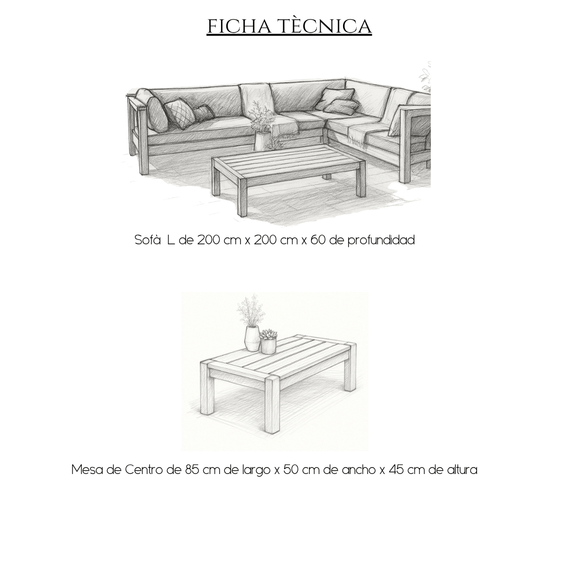 Living exterior en L de madera maciza con mesa de centro – Marbella