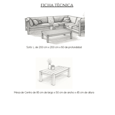 Living exterior en L de madera maciza con mesa de centro – Marbella