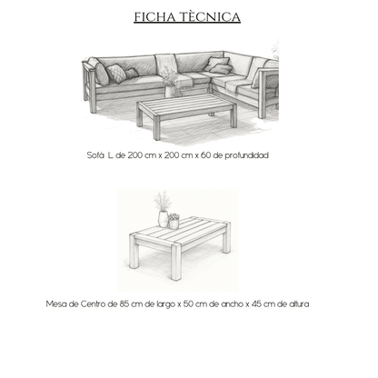 Living exterior en L de madera maciza con mesa de centro – Marbella