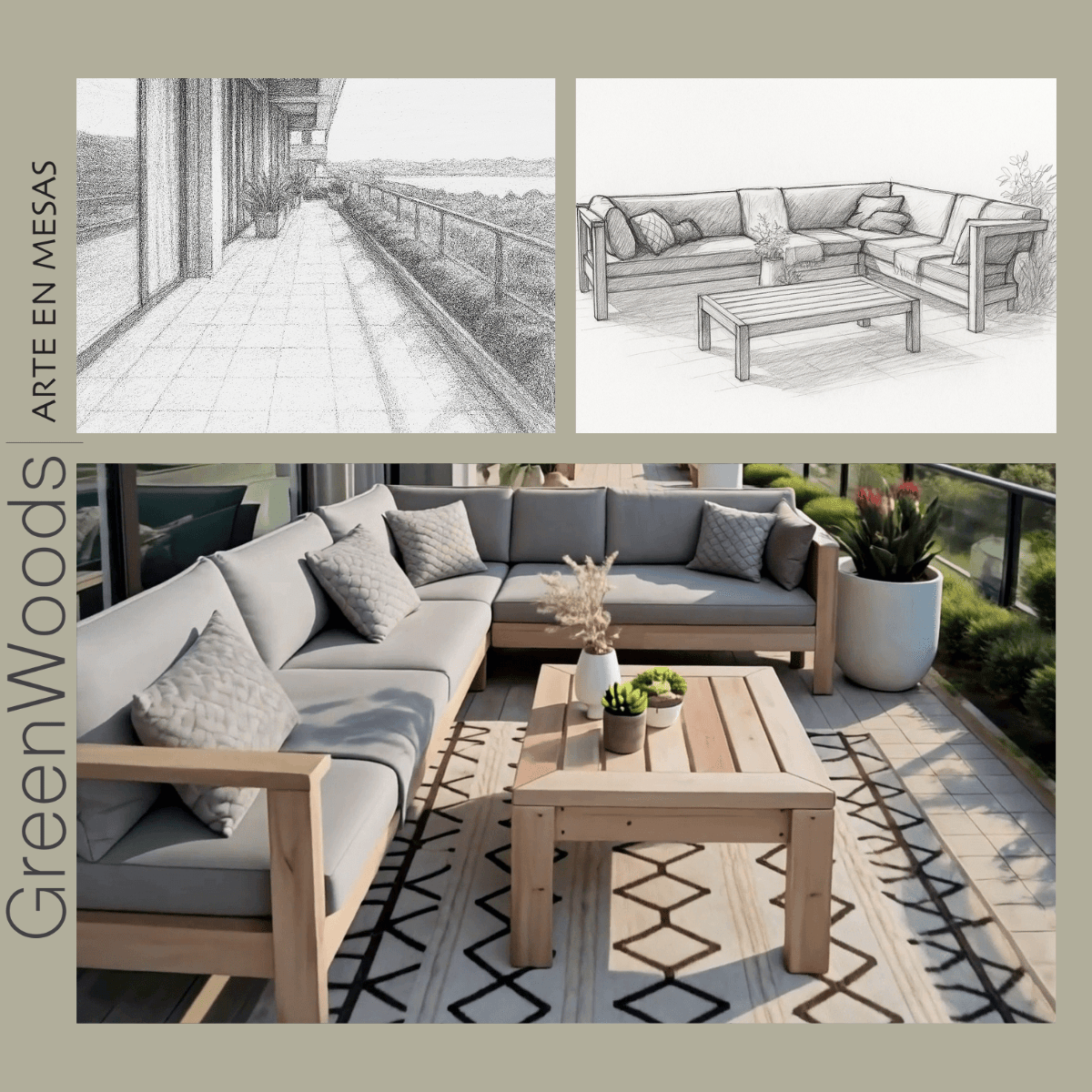 Sofá seccional de terraza Marbella en madera con cojines blancos UV | Greenwoods