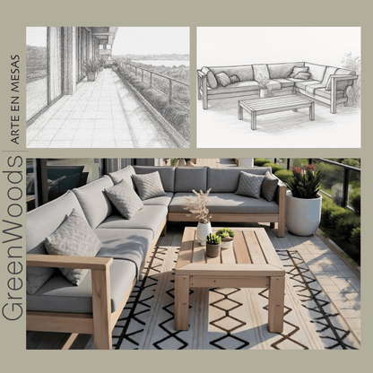 Sofá seccional de terraza Marbella en madera con cojines blancos UV | Greenwoods