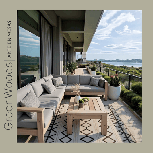 Juego de terraza seccional Marbella en madera maciza con sofás | Greenwoods Chile