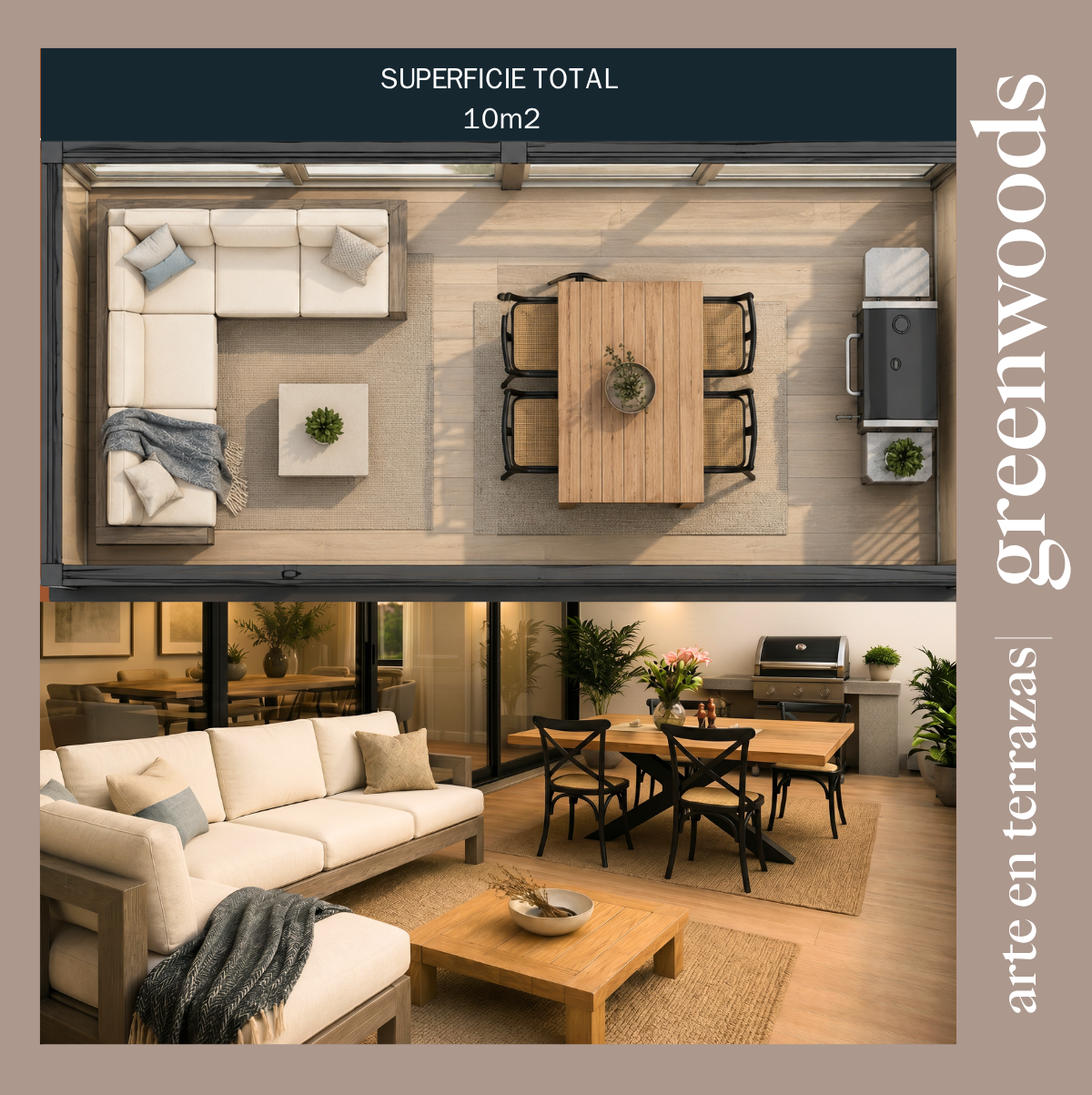 

Diseño de terraza de 10 m² con muebles a medida Greenwoods, living exterior, comedor de terraza y parrilla integrada para aprovechar mejor el espacio.