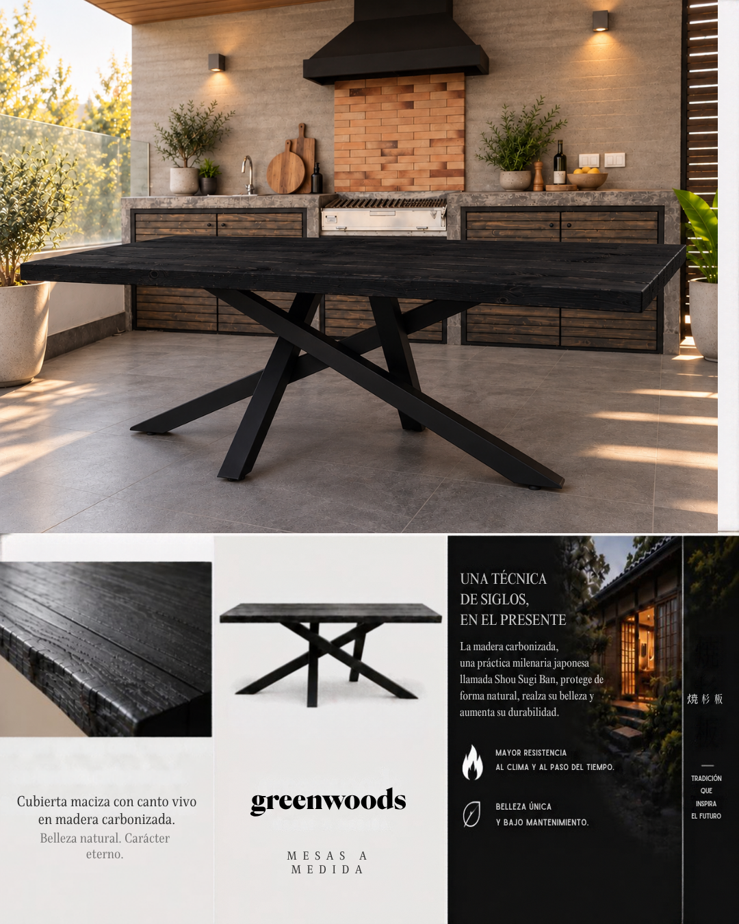 Mesa de comedor cubierta carbonizada y fierro industrial modelo Da Vinci terraza.