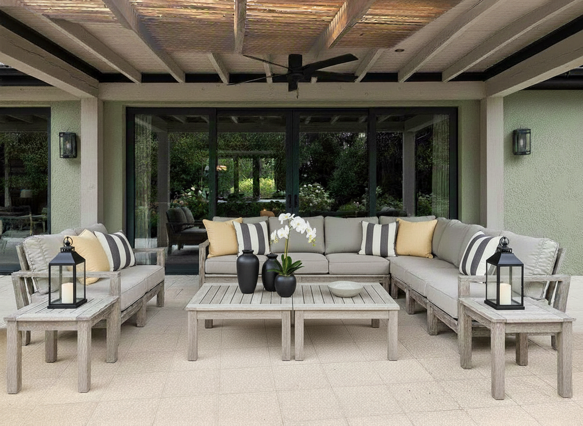 living de terraza en madera lenga a medida con sofá y mesa de centro para exterior en Santiago Chile