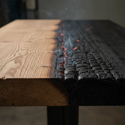 Madera antes y después del carbonizado, técnica Shou Sugi Ban