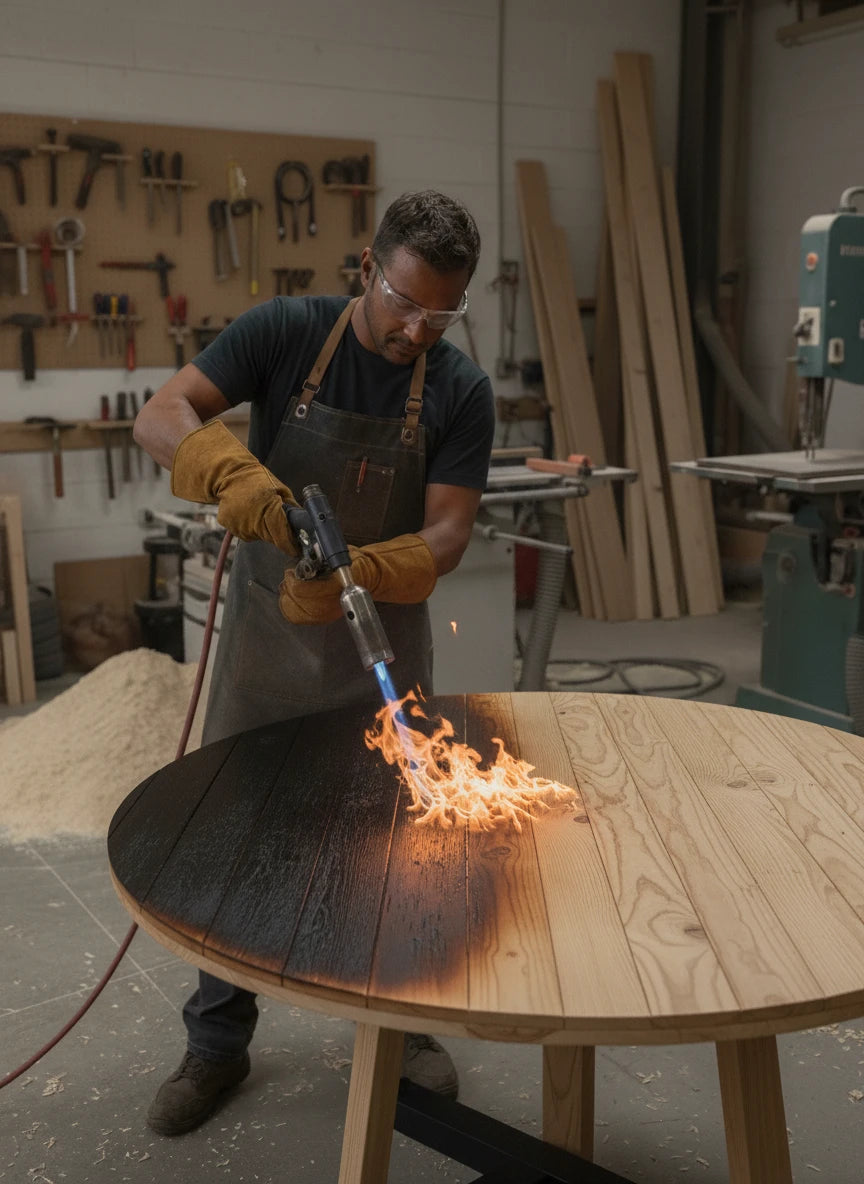 Proceso de carbonizado de cubierta de madera con soplete en el taller
