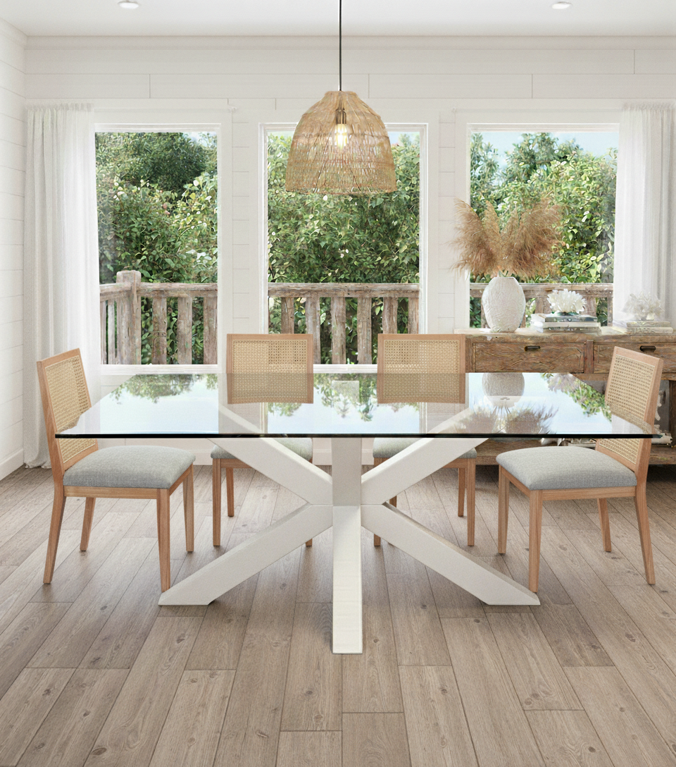 Comedor vidrio base blanca con sillas escandinavas a medida Chile