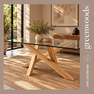 Mesa de comedor Da Vinci de vidrio y madera lenga con base cruzada, vista lateral junto a un ventanal | Greenwoods Chile