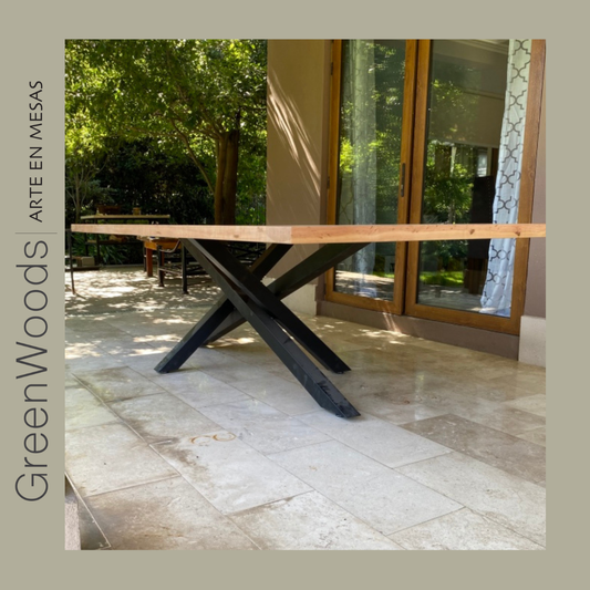 Mesa de terraza modelo Da Vinci en madera natural y estructura de fierro – Greenwoods Chile, comedor terraza industrial, mesa de fierro , comedores industriales, mesas de terraza madera, mesas de terraza