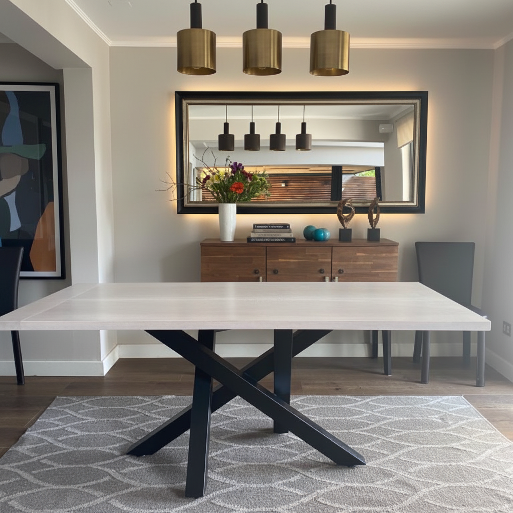 mesa de comedor de madera y fierro a medida color blanco diseño moderno base metálica negra modelo Da Vinci Greenwoods Chile