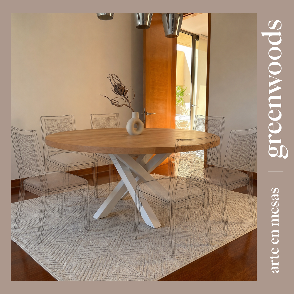 Mesa comedor redonda madera lenga tono natural base fierro blanco Da Vinci instalada — Greenwoods Chile 140 cm diametro para 6 sillas
