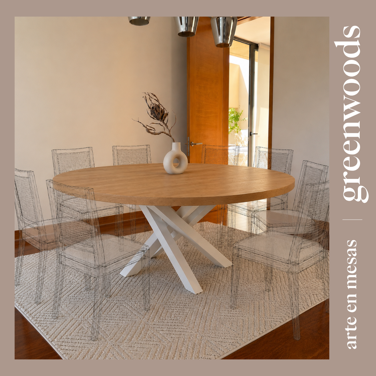 Mesa comedor redonda madera lenga tono natural base fierro blanco Da Vinci instalada — Greenwoods Chile 160 cm diametro para 8 sillas