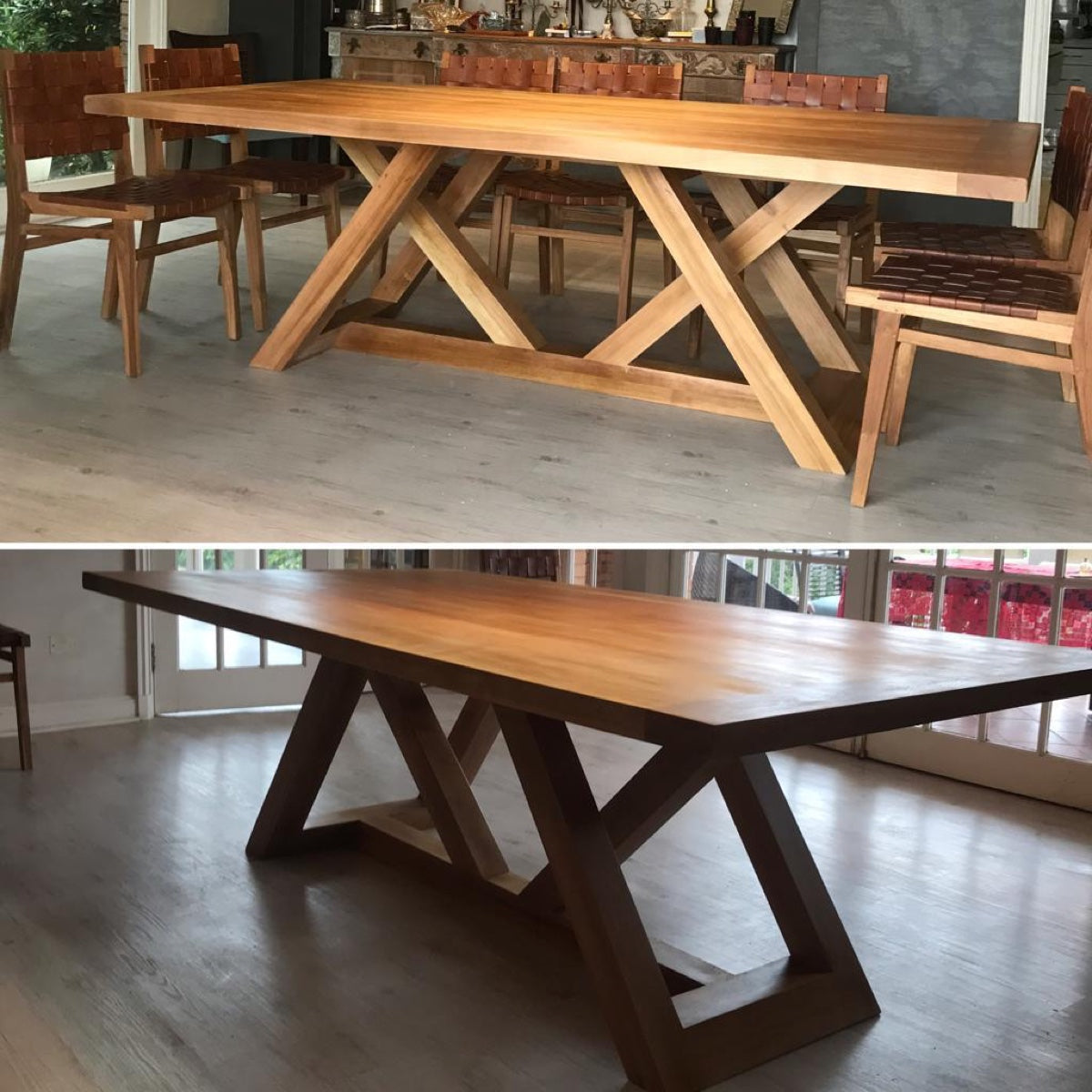 Mesa de comedor de madera lenga Italia, dos vistas de la base en V