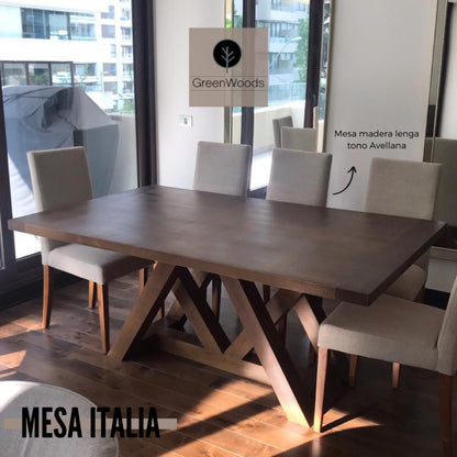 Mesa de comedor de madera lenga Italia en tono avellana con sillas tapizadas