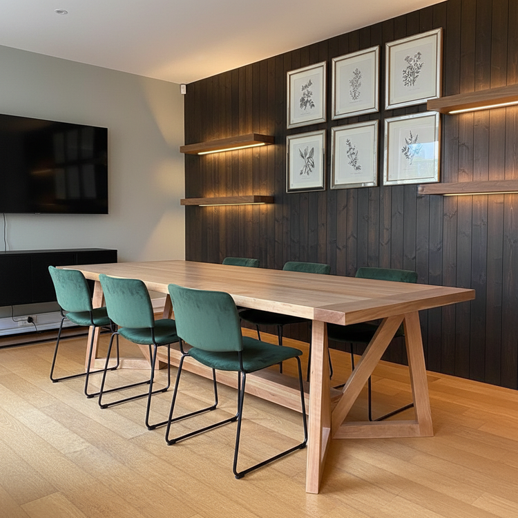 mesa de reuniones de madera a medida mesa de comedor moderna madera lenga para oficina diseño minimalista Greenwoods Chile