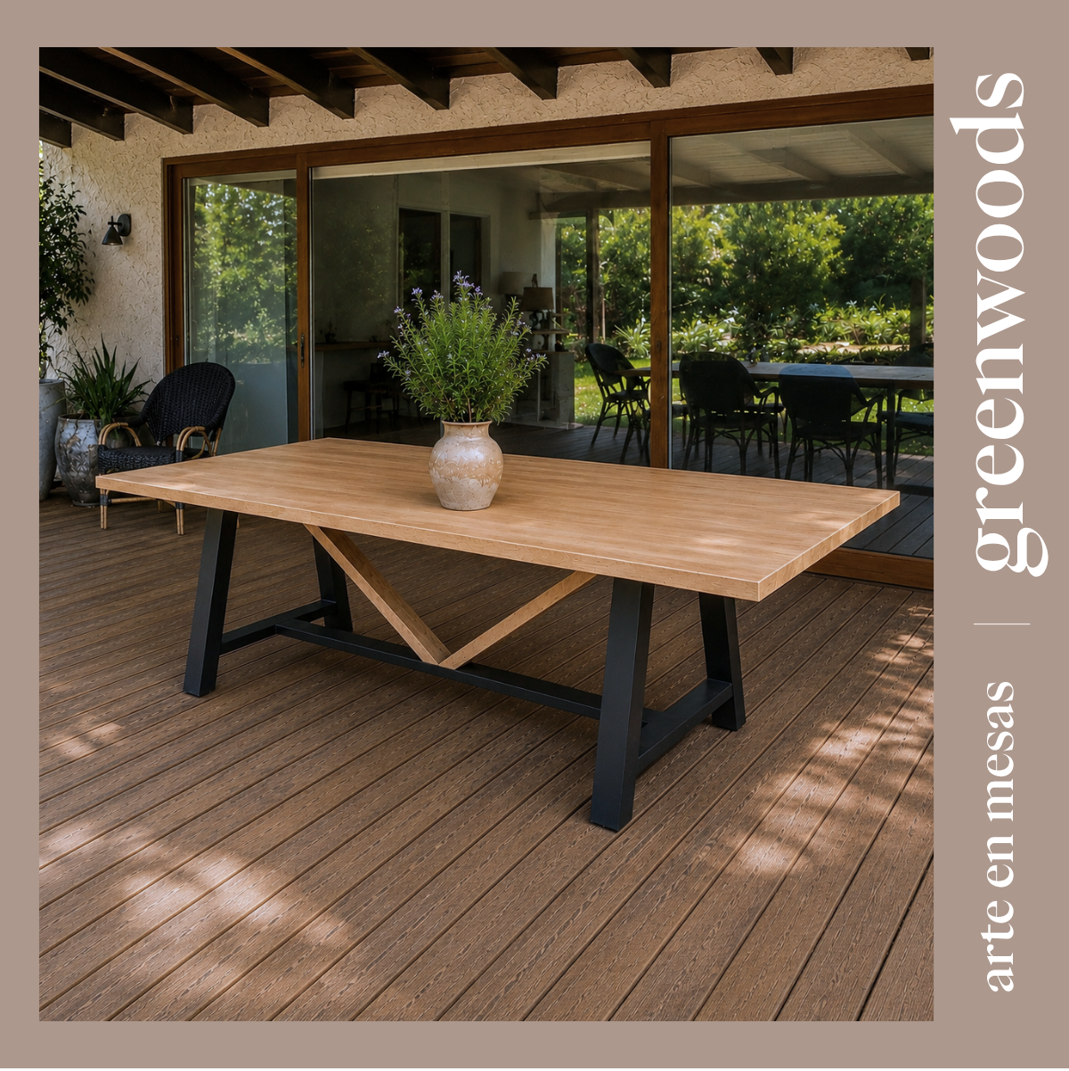 mesa de comedor de fierro y madera indsutrial a medida para terraza modelo viena