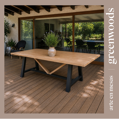 mesa de comedor de fierro y madera indsutrial a medida para terraza modelo viena