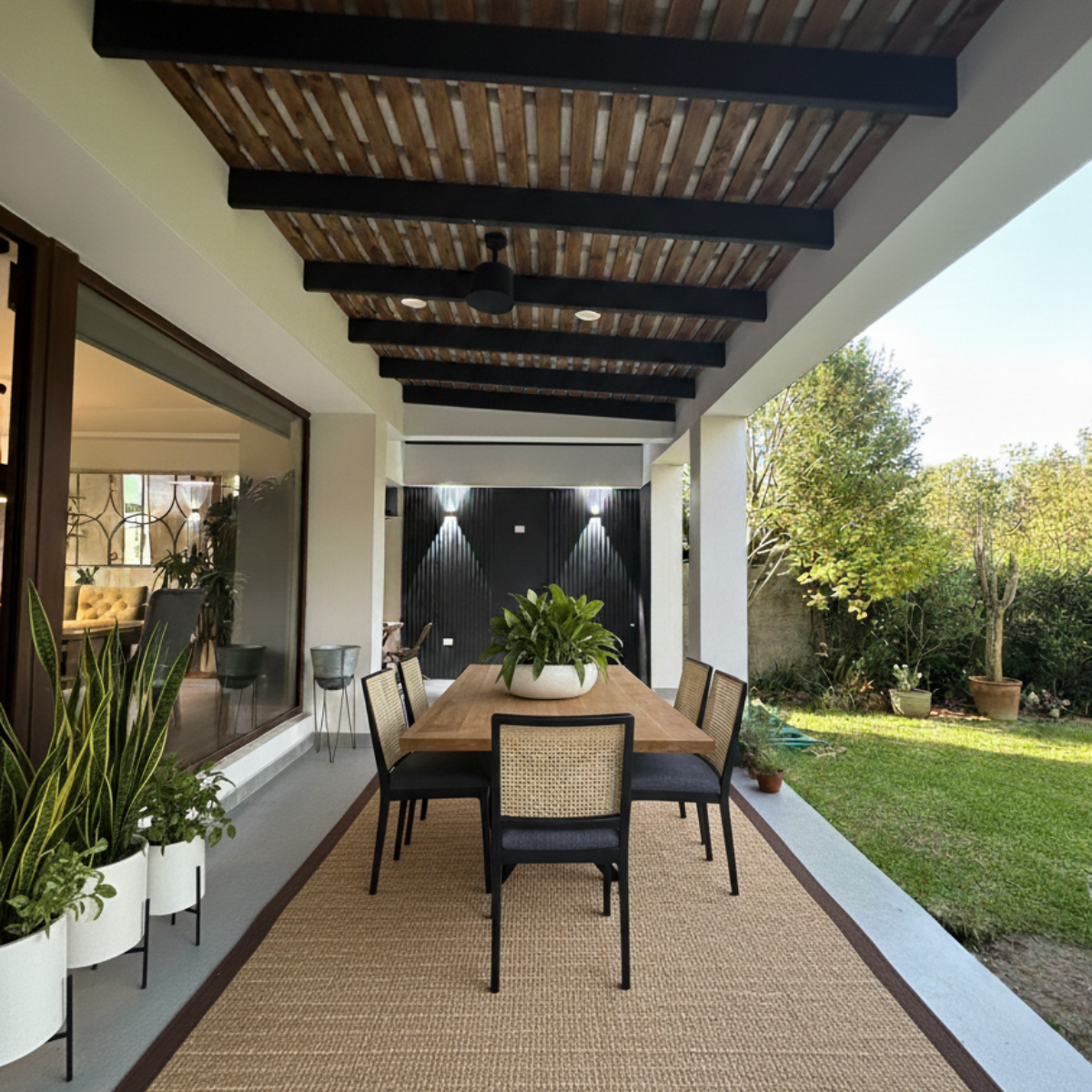 mesa de comedor para terraza en madera a medida con sillas exteriores en casa moderna en Chile