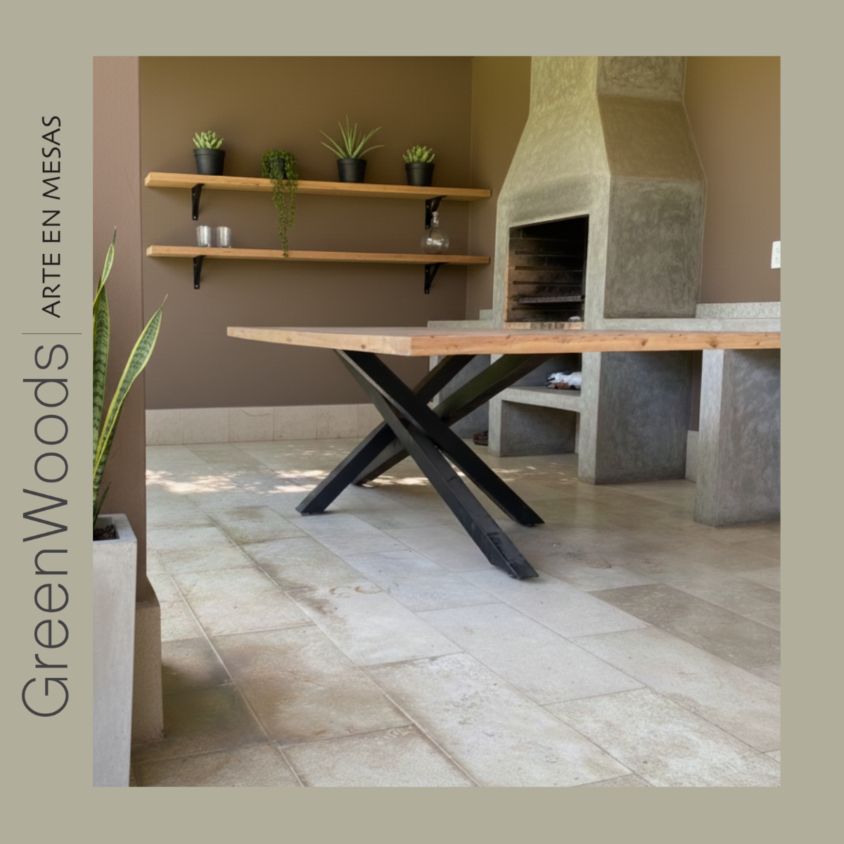 Mesa de comedor fierro y madera industrial Da Vinci terraza.