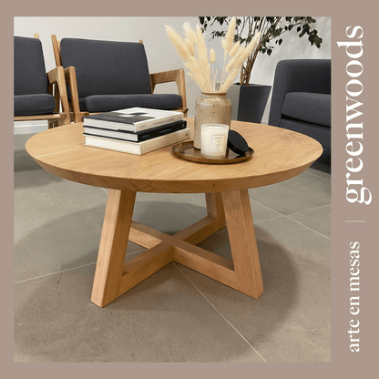 Mesa de centro madera lenga Gaia redonda base cruzada vista living — Greenwoods Chile