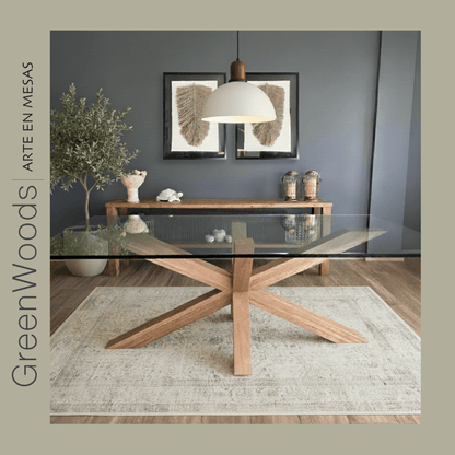 Mesa de comedor base madera lenga y vidrio Maria. - mesa comedor | Greenwoods Chile