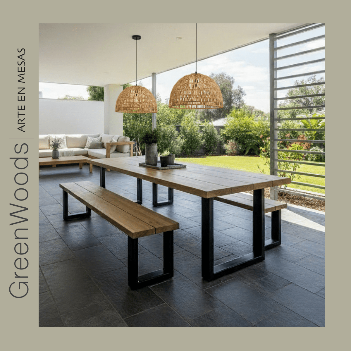 Mesa de comedor madera y fierro U terraza.