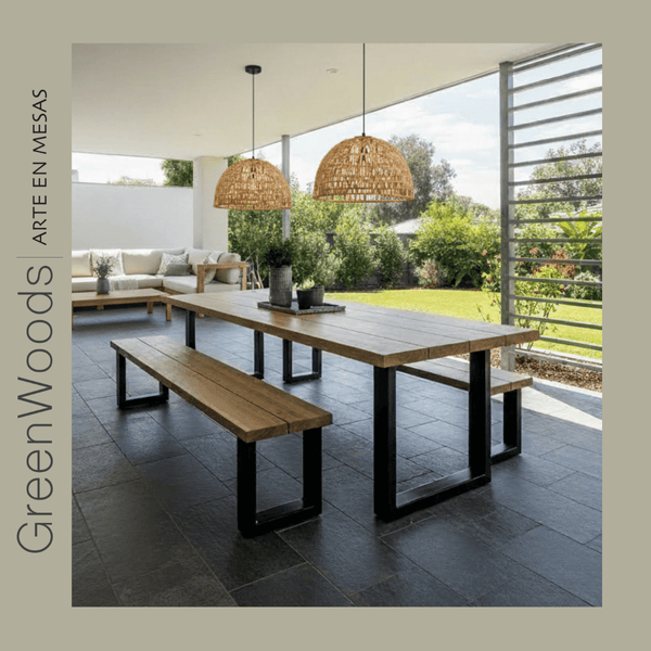 Mesa de comedor madera y fierro U terraza.