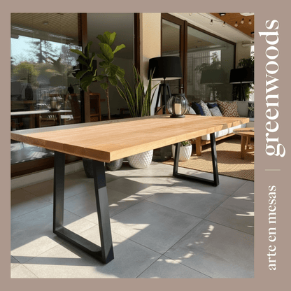Mesa de comedor terraza en madera y base fierro Tabla. - | Greenwoods Chile