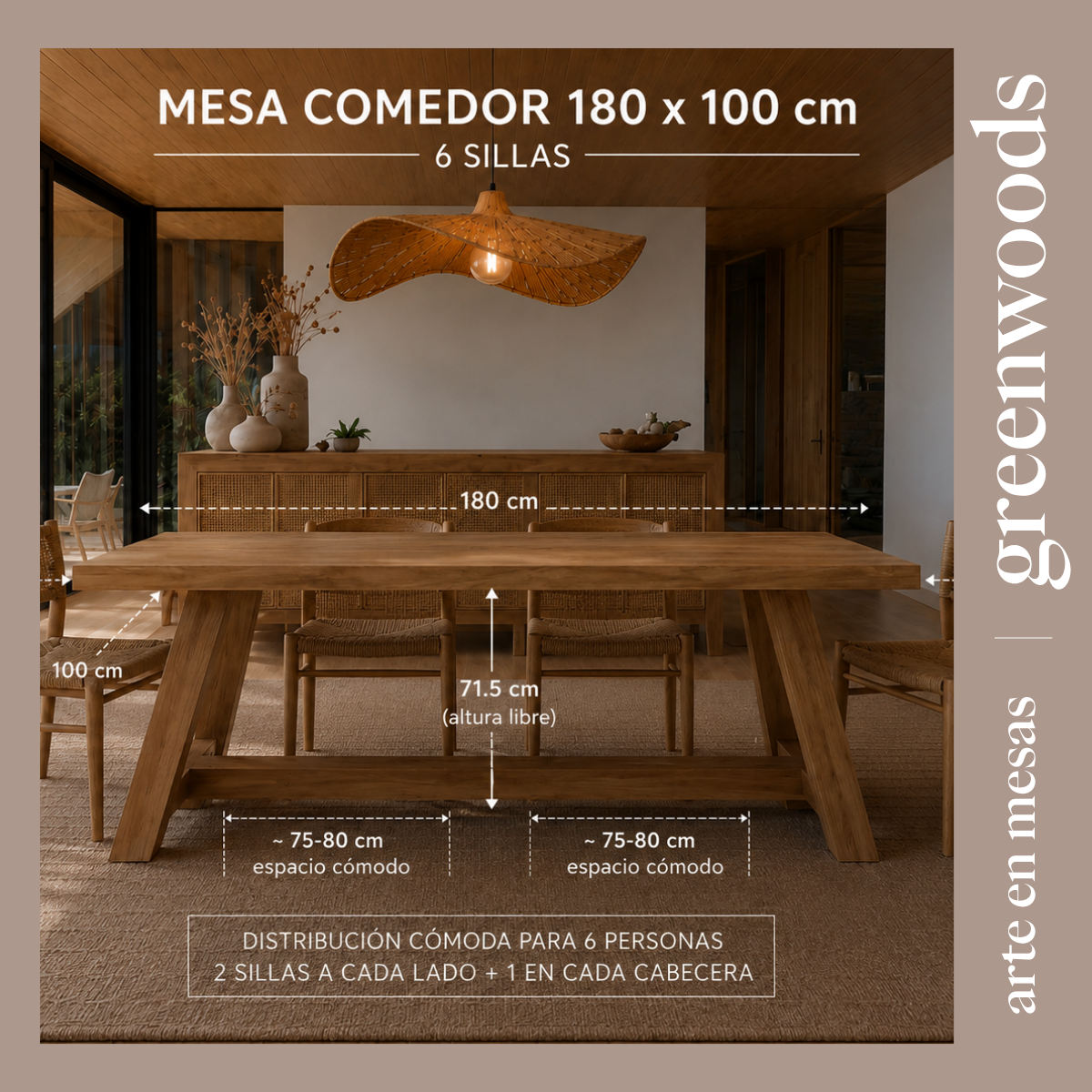 Mesa de comedor escandinava en madera lenga maciza en interior moderno con diseño minimalista, a medida de 180 x 100