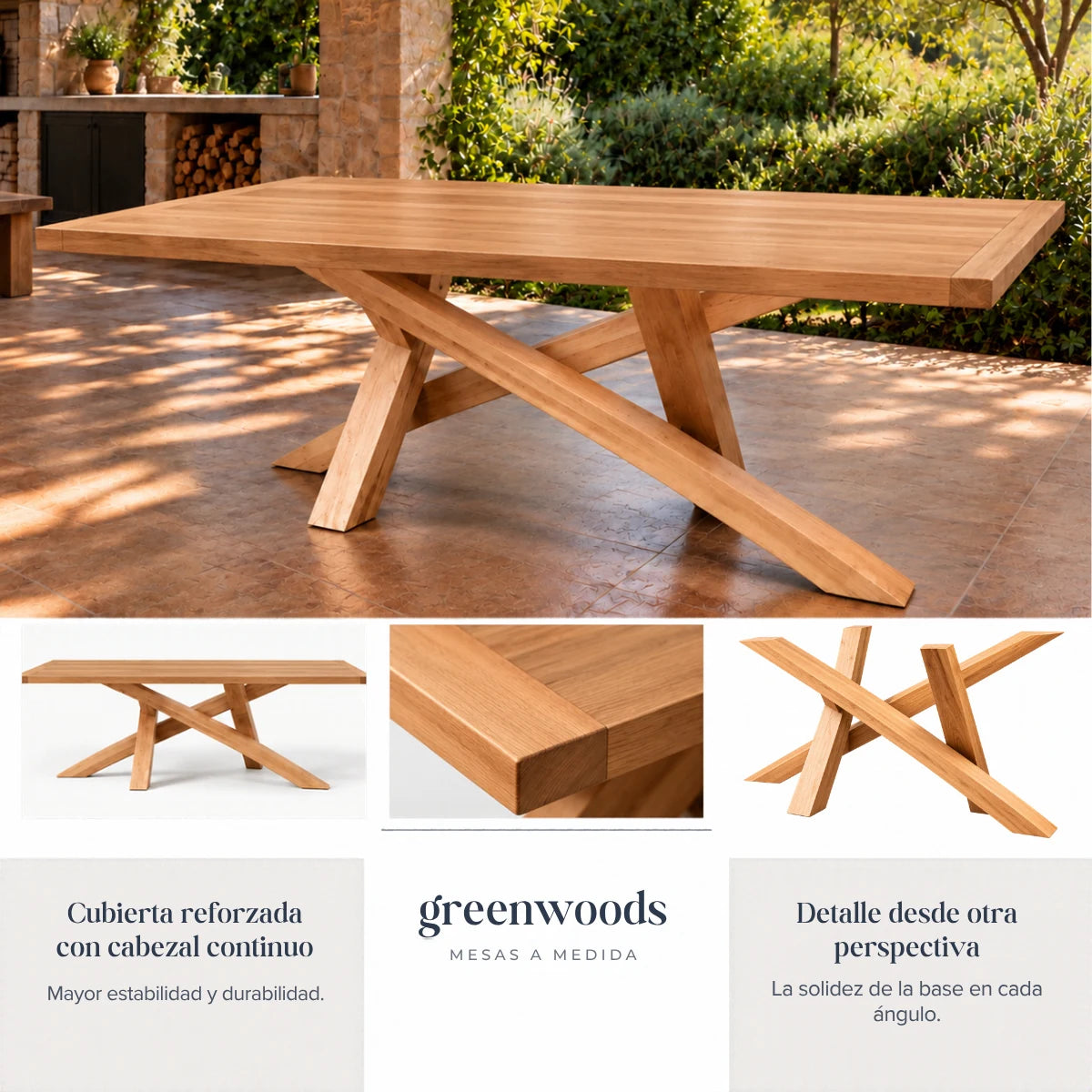 Detalles de la mesa Da Vinci en lenga maciza: cubierta reforzada con cabezal continuo y base cruzada